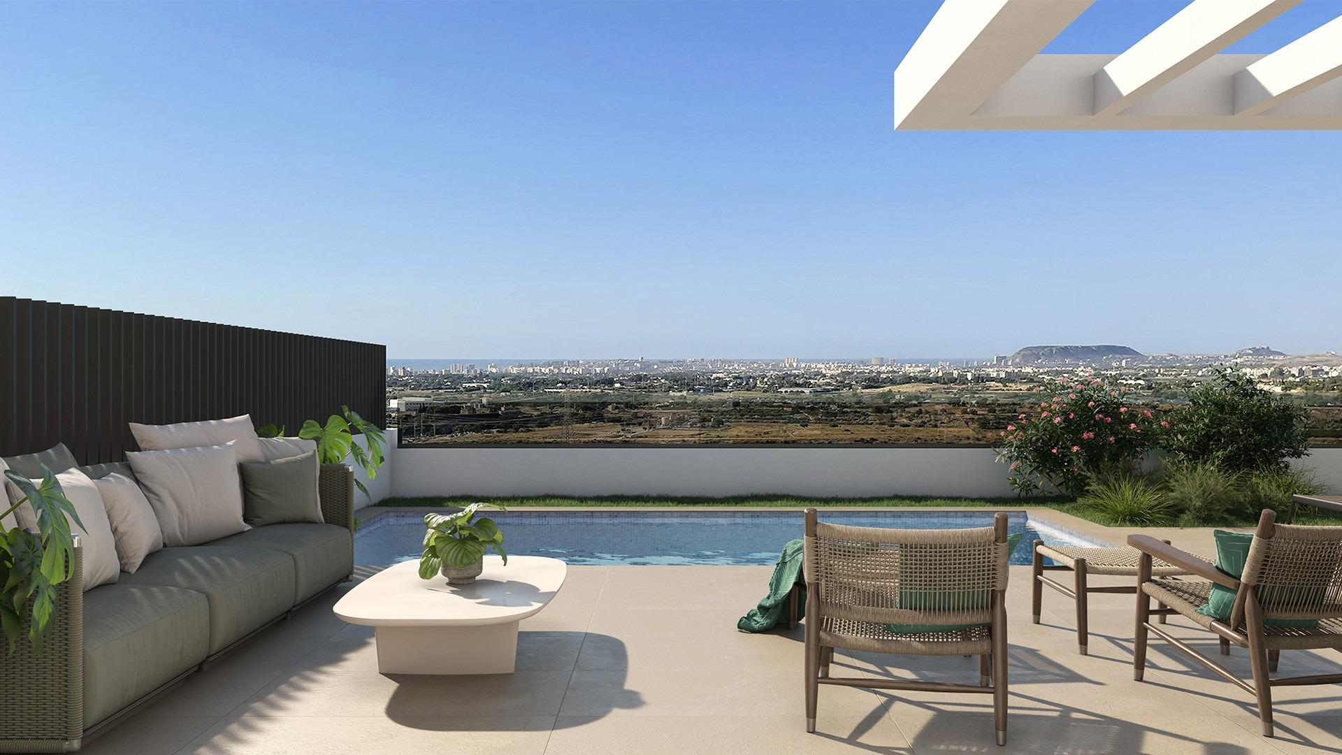 Villas adosadas de nueva construcción en venta en Mutxamel con piscina privada y vistas al mar