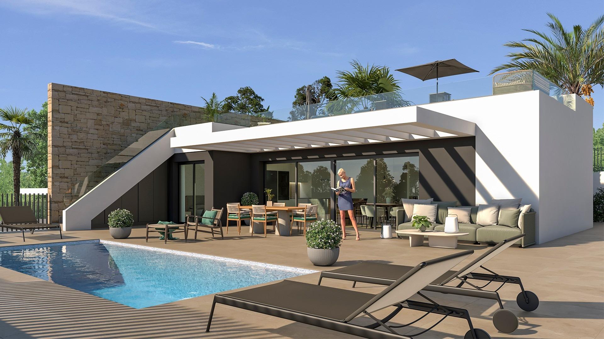 Villas adosadas de nueva construcción en venta en Mutxamel con piscina privada y vistas al mar