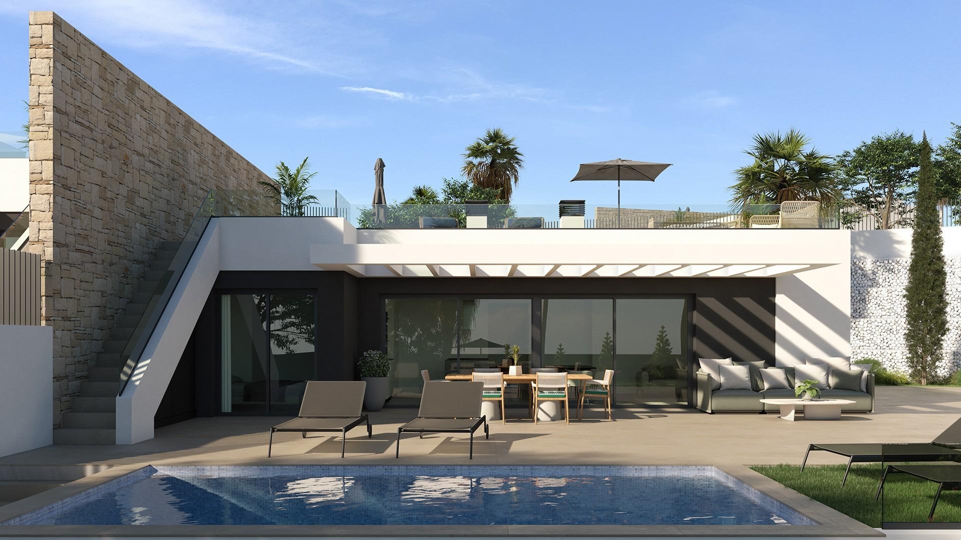 Villas adosadas de nueva construcción en venta en Mutxamel con piscina privada y vistas al mar